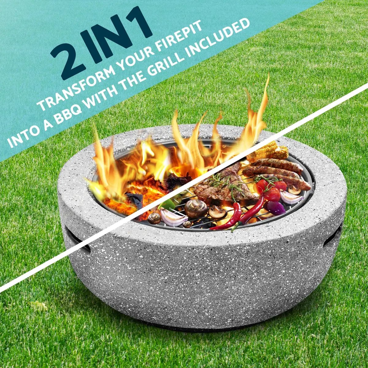 Dellonda DG188 Round MgO Fire Pit with BBQ Grill Ø60cm Safety Mesh Screen - Light Grey Dellonda