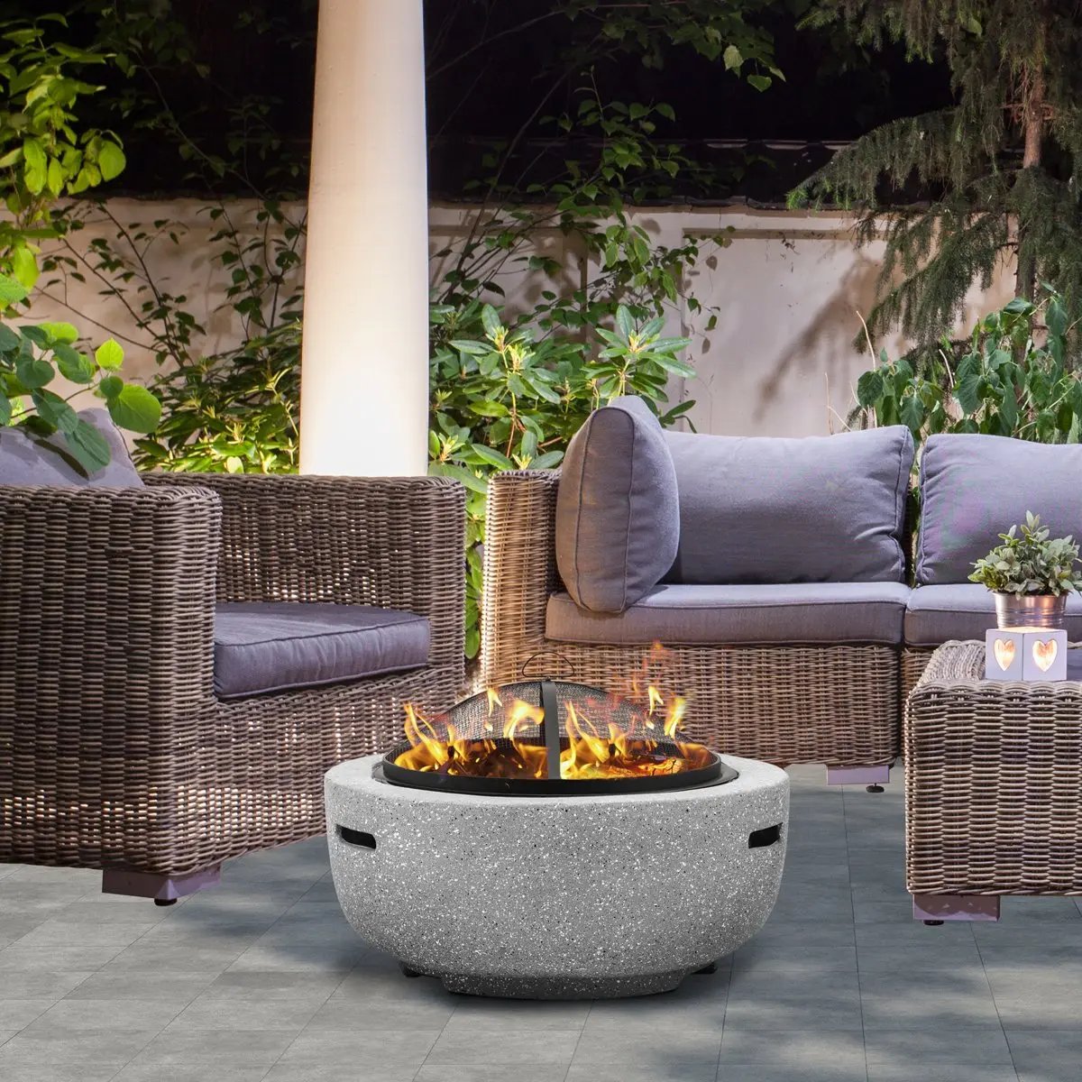 Dellonda DG188 Round MgO Fire Pit with BBQ Grill Ø60cm Safety Mesh Screen - Light Grey Dellonda