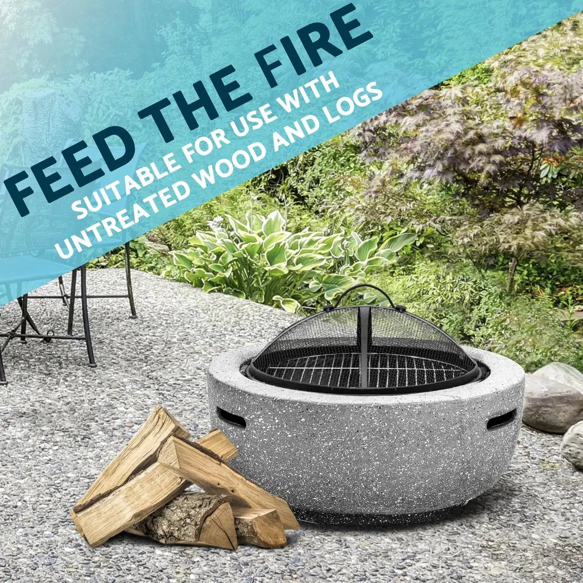 Dellonda DG188 Round MgO Fire Pit with BBQ Grill Ø60cm Safety Mesh Screen - Light Grey Dellonda