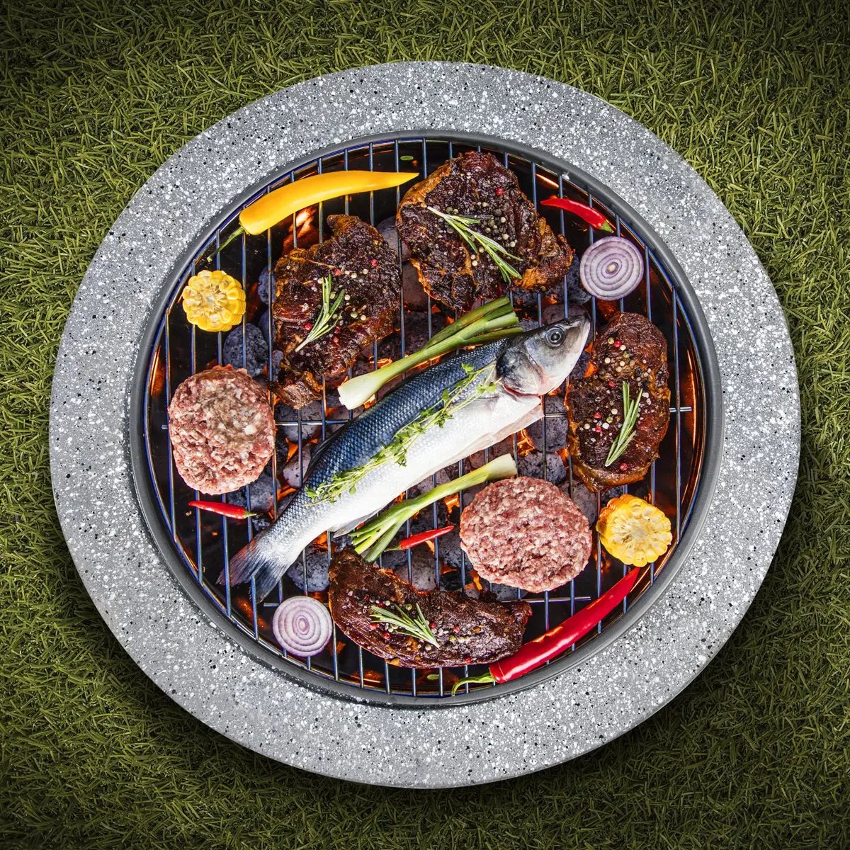 Dellonda DG188 Round MgO Fire Pit with BBQ Grill Ø60cm Safety Mesh Screen - Light Grey Dellonda