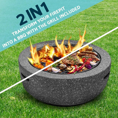 Dellonda DG189 Round MgO Fire Pit with BBQ Grill Ø60cm Safety Mesh Screen - Dark Grey Dellonda
