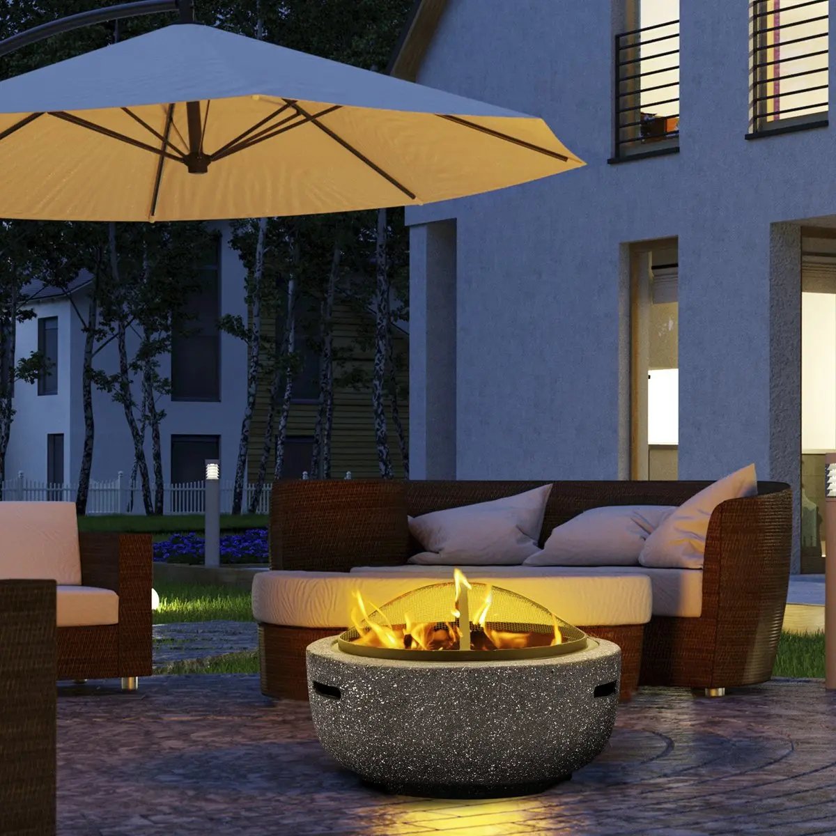 Dellonda DG189 Round MgO Fire Pit with BBQ Grill Ø60cm Safety Mesh Screen - Dark Grey Dellonda