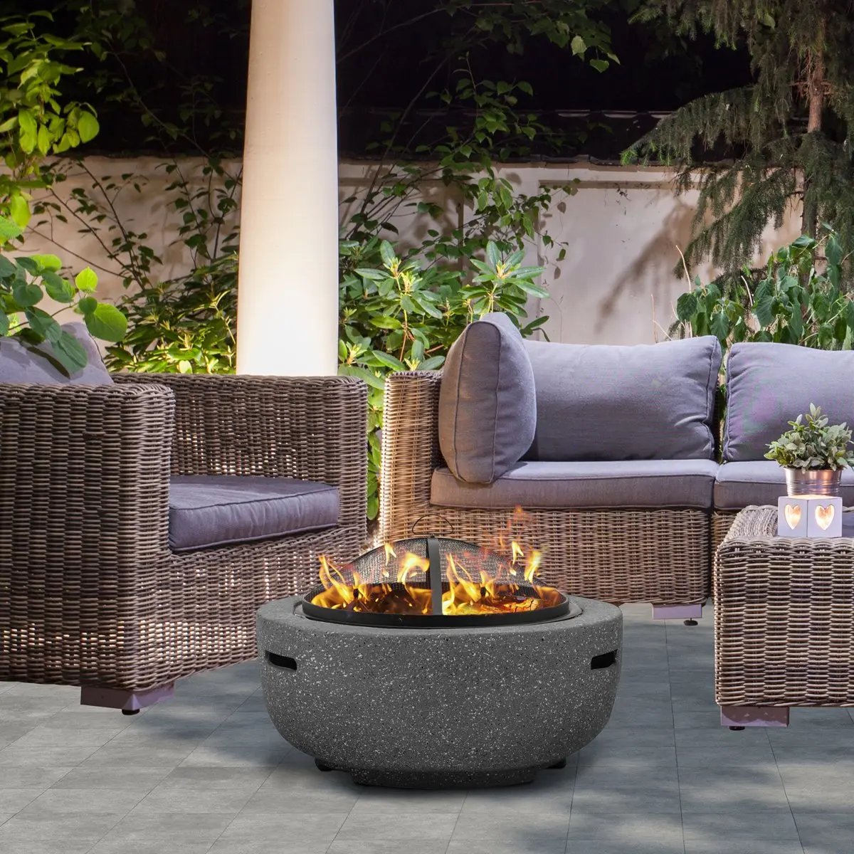 Dellonda DG189 Round MgO Fire Pit with BBQ Grill Ø60cm Safety Mesh Screen - Dark Grey Dellonda