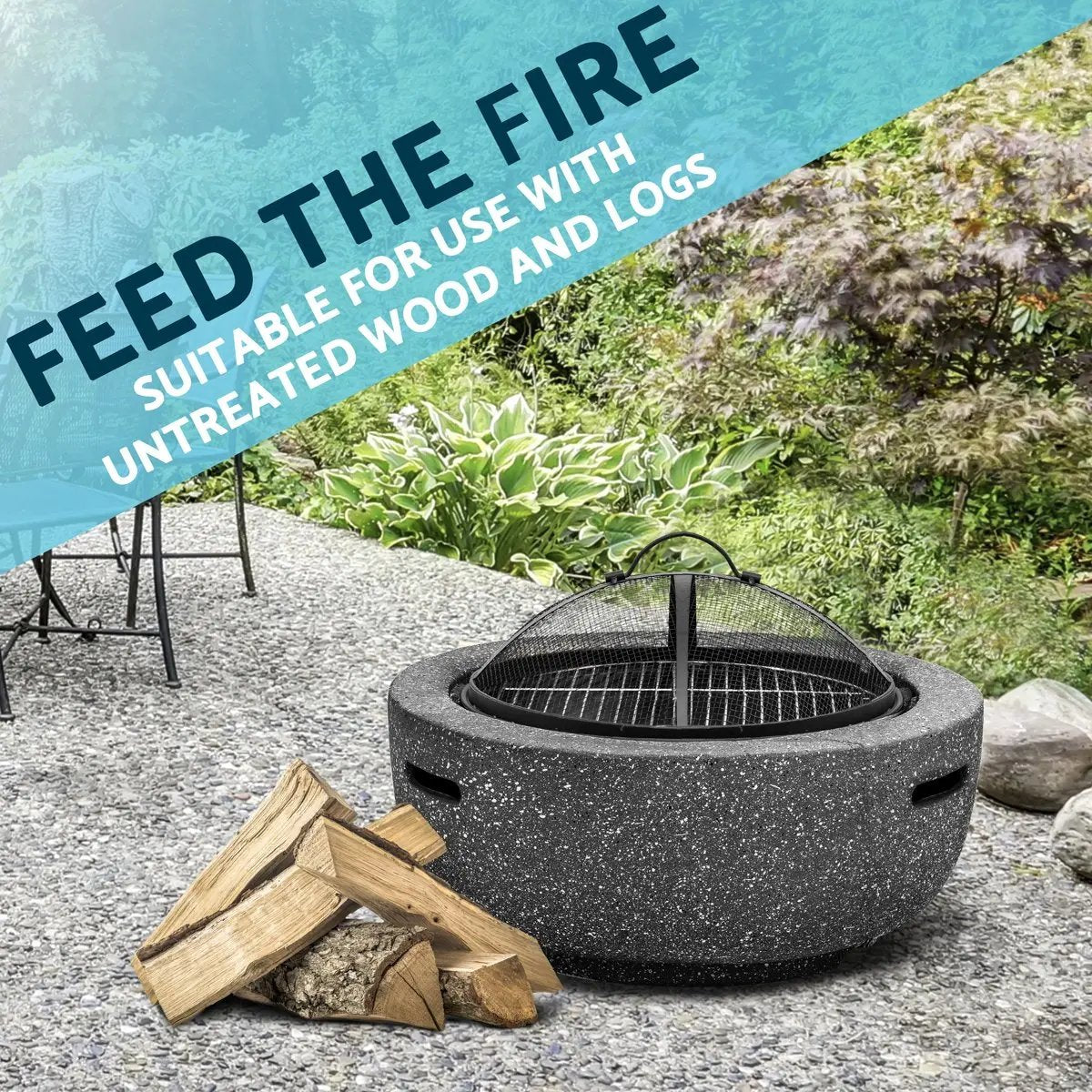 Dellonda DG189 Round MgO Fire Pit with BBQ Grill Ø60cm Safety Mesh Screen - Dark Grey Dellonda
