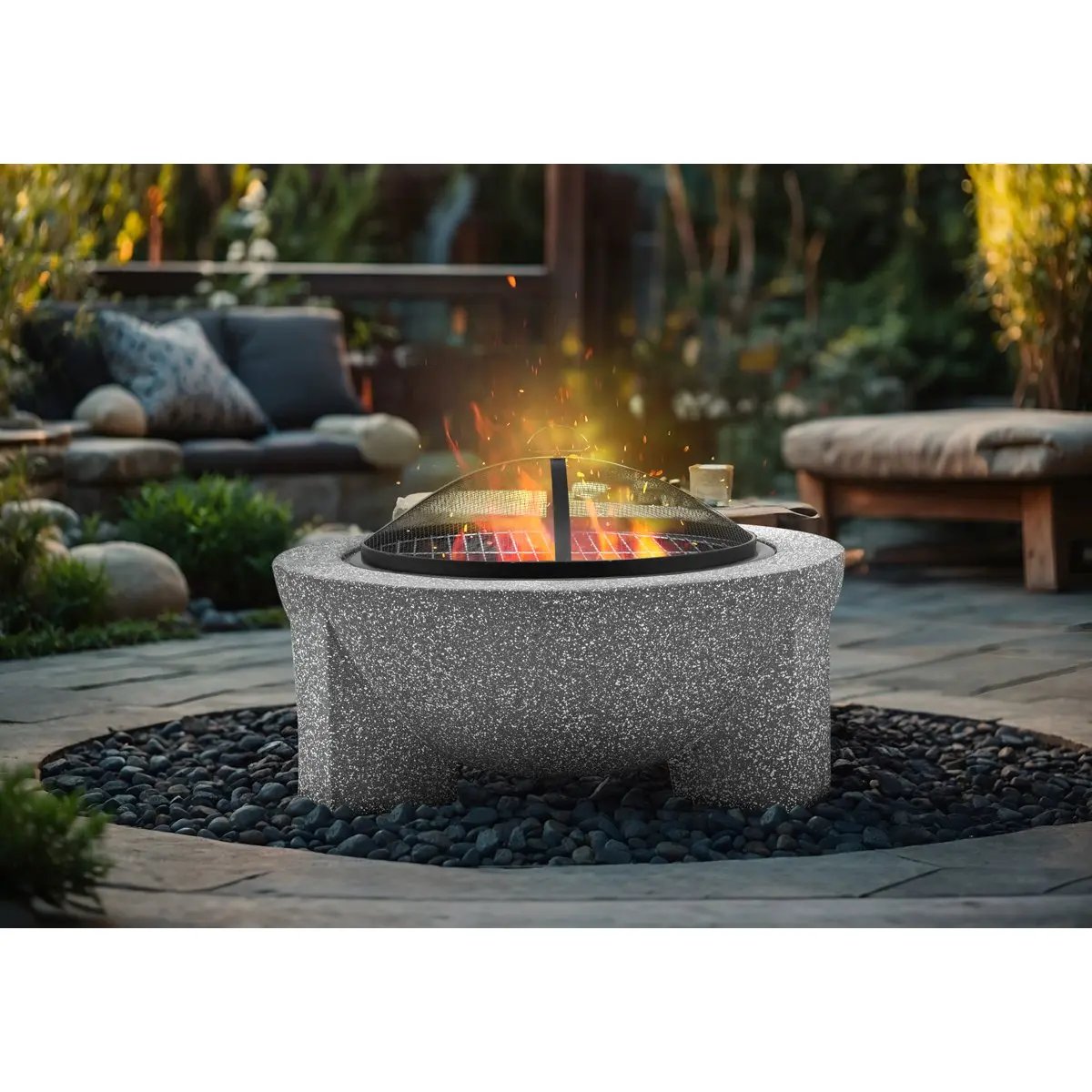 Dellonda DG190 Round MgO Fire Pit with BBQ Grill Ø75cm Safety Mesh Screen - Light Grey Dellonda