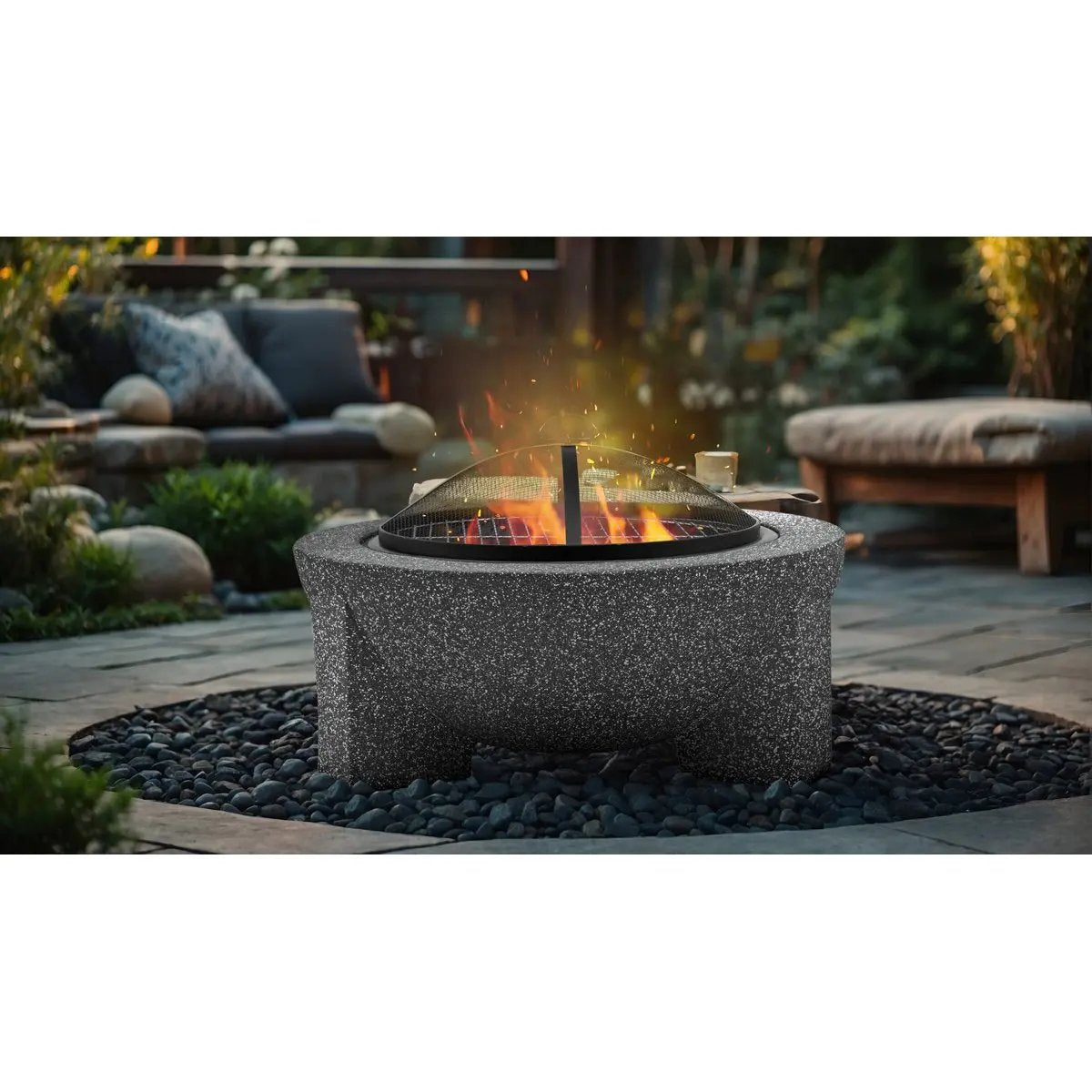 Dellonda DG191 Round MgO Fire Pit with BBQ Grill Ø75cm Safety Mesh Screen - Dark Grey Dellonda