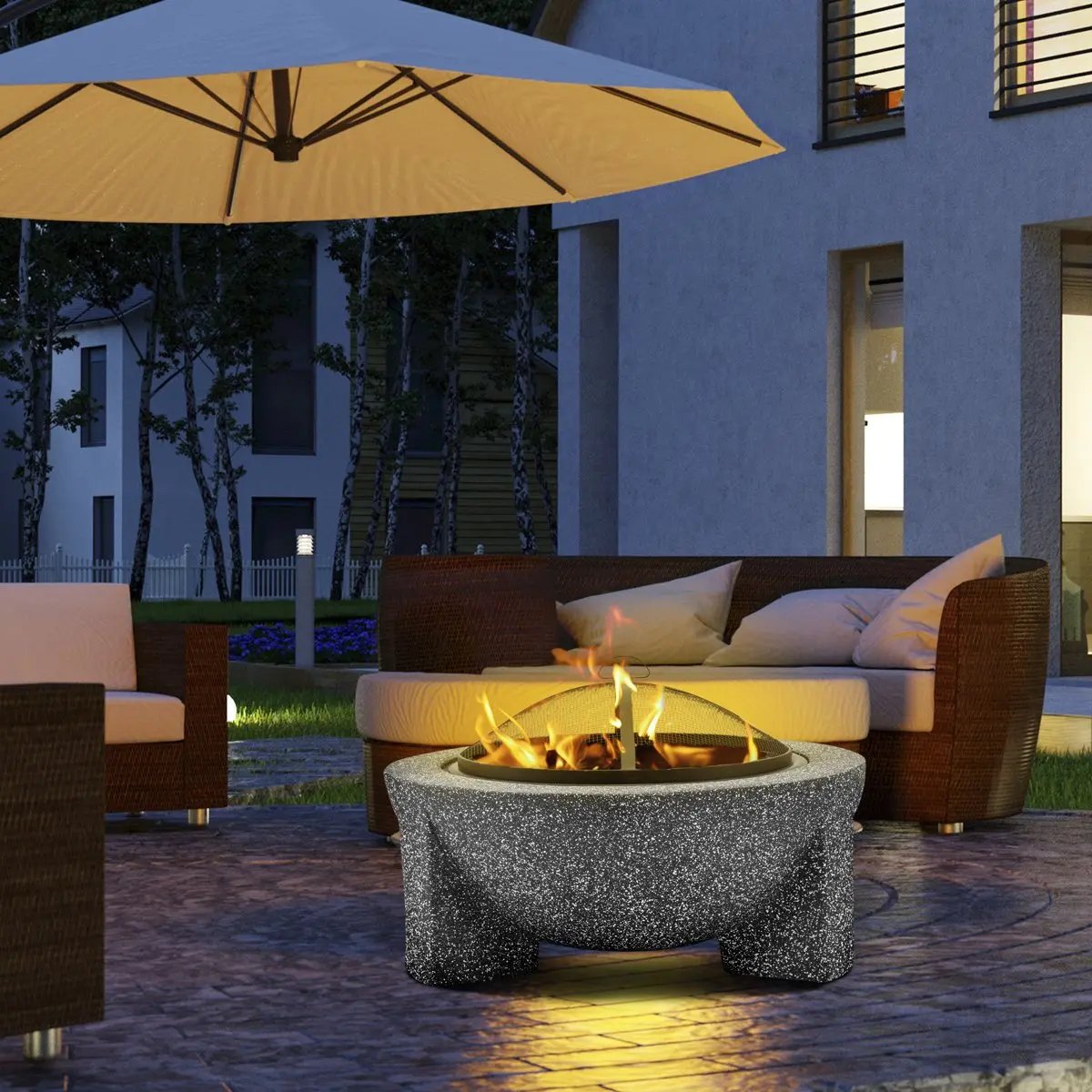 Dellonda DG191 Round MgO Fire Pit with BBQ Grill Ø75cm Safety Mesh Screen - Dark Grey Dellonda