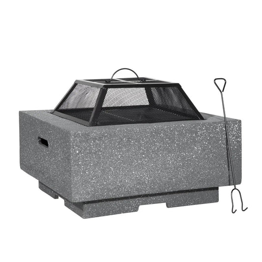 Dellonda DG193 Square MgO Fire Pit with BBQ Grill Safety Mesh Screen and Fire Poker Magnesium Oxide Suitable for Wood and Charcoal Dark Grey Dellonda