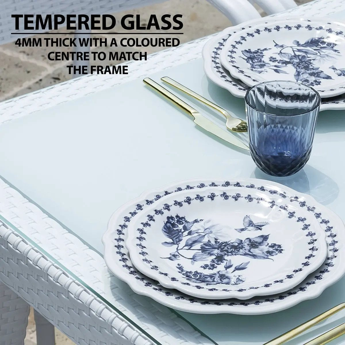 Dellonda DG208 Dining Table Weather Resistant Glass Top 80x80cm White Dellonda