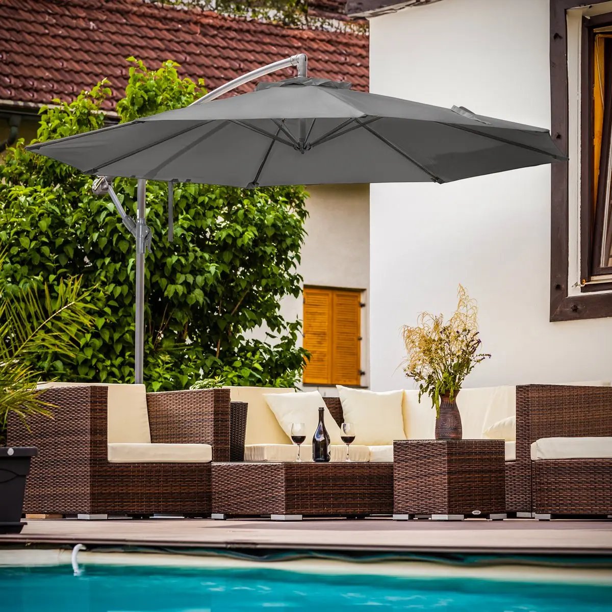 Dellonda DG264 Ø3m Banana Parasol/Umbrella for Garden Patio with Crank Handle 8 Ribs and Cover Grey Canopy Dellonda