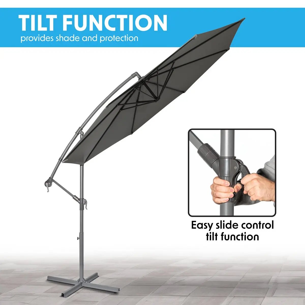 Dellonda DG264 Ø3m Banana Parasol/Umbrella for Garden Patio with Crank Handle 8 Ribs and Cover Grey Canopy Dellonda