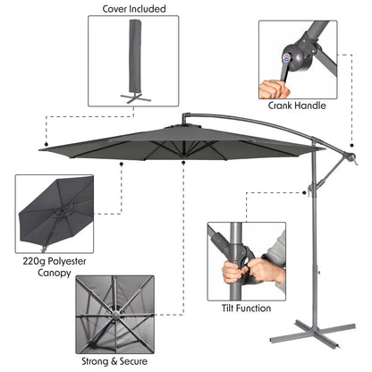 Dellonda DG264 Ø3m Banana Parasol/Umbrella for Garden Patio with Crank Handle 8 Ribs and Cover Grey Canopy Dellonda