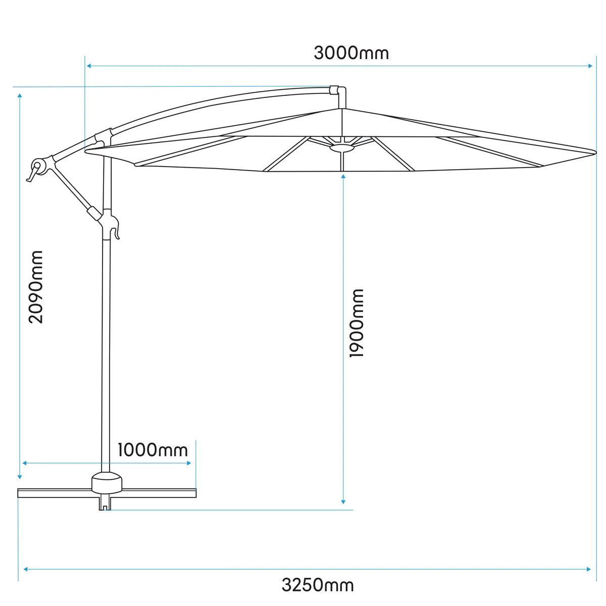 Dellonda DG264 Ø3m Banana Parasol/Umbrella for Garden Patio with Crank Handle 8 Ribs and Cover Grey Canopy Dellonda