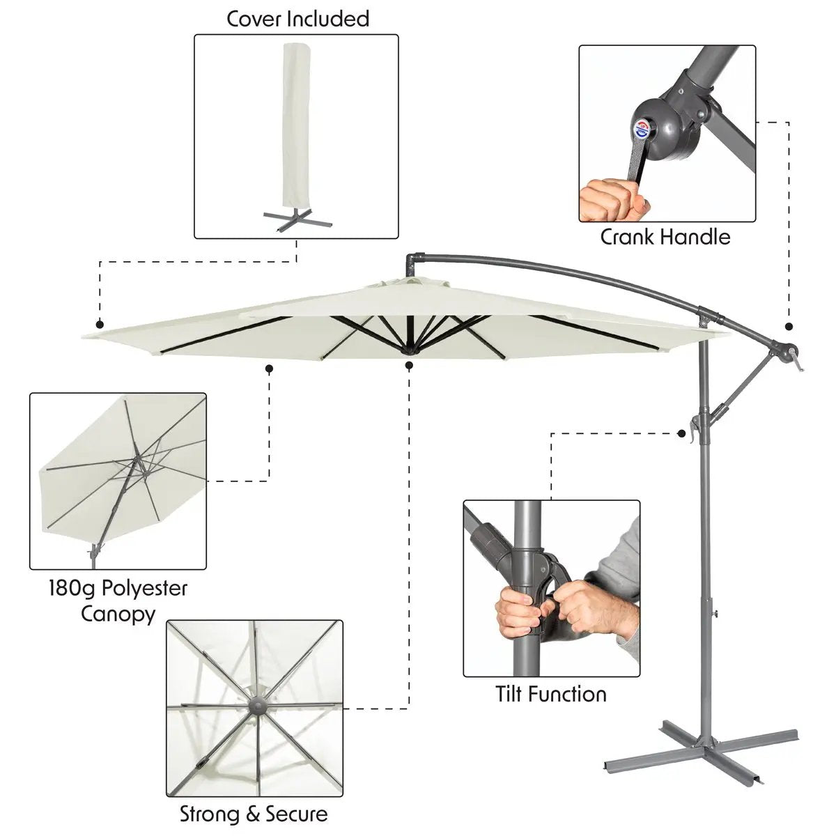 Dellonda DG265 Ø3m Banana Parasol/Umbrella for Garden Patio with Crank Handle 8 Ribs and Cover Cream Canopy Dellonda