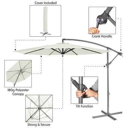 Dellonda DG265 Ø3m Banana Parasol/Umbrella for Garden Patio with Crank Handle 8 Ribs and Cover Cream Canopy Dellonda