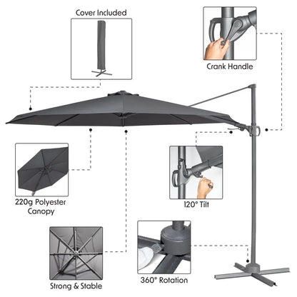 Dellonda DG267 Ø3m Garden/Patio Cantilever Parasol/Umbrella with Crank Handle Tilt 360° Rotation and Cover Grey Dellonda