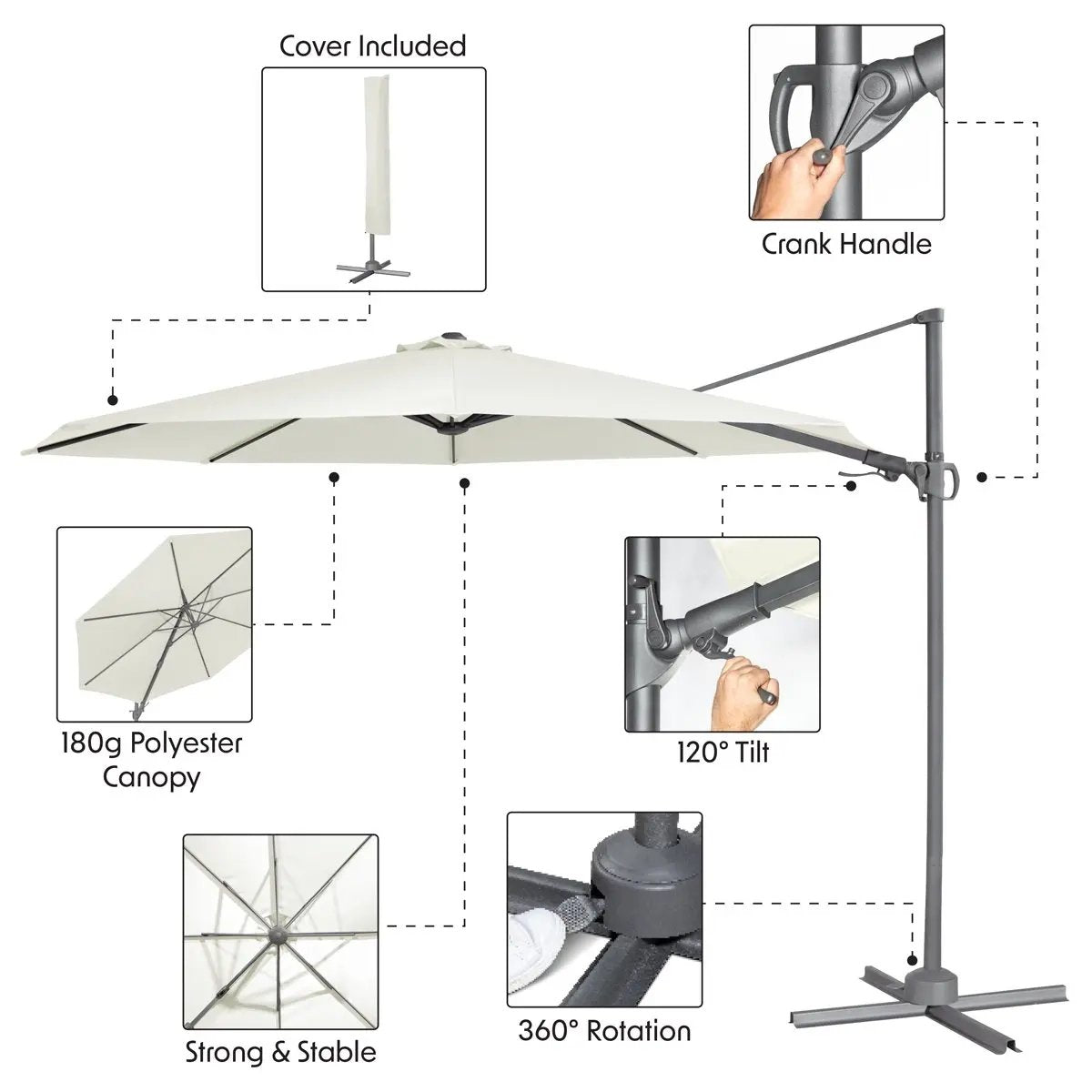 Dellonda DG268 Ø3m Garden/Patio Cantilever Parasol/Umbrella with Crank Handle 360° Rotation Tilt and Cover Cream Dellonda