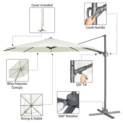 Dellonda DG268 Ø3m Garden/Patio Cantilever Parasol/Umbrella with Crank Handle 360° Rotation Tilt and Cover Cream Dellonda