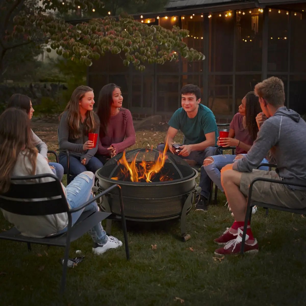 Dellonda DG42 30" Deluxe 2-in-1 Outdoor Fire Pit & Coffee Table Antique Bronze Effect Dellonda