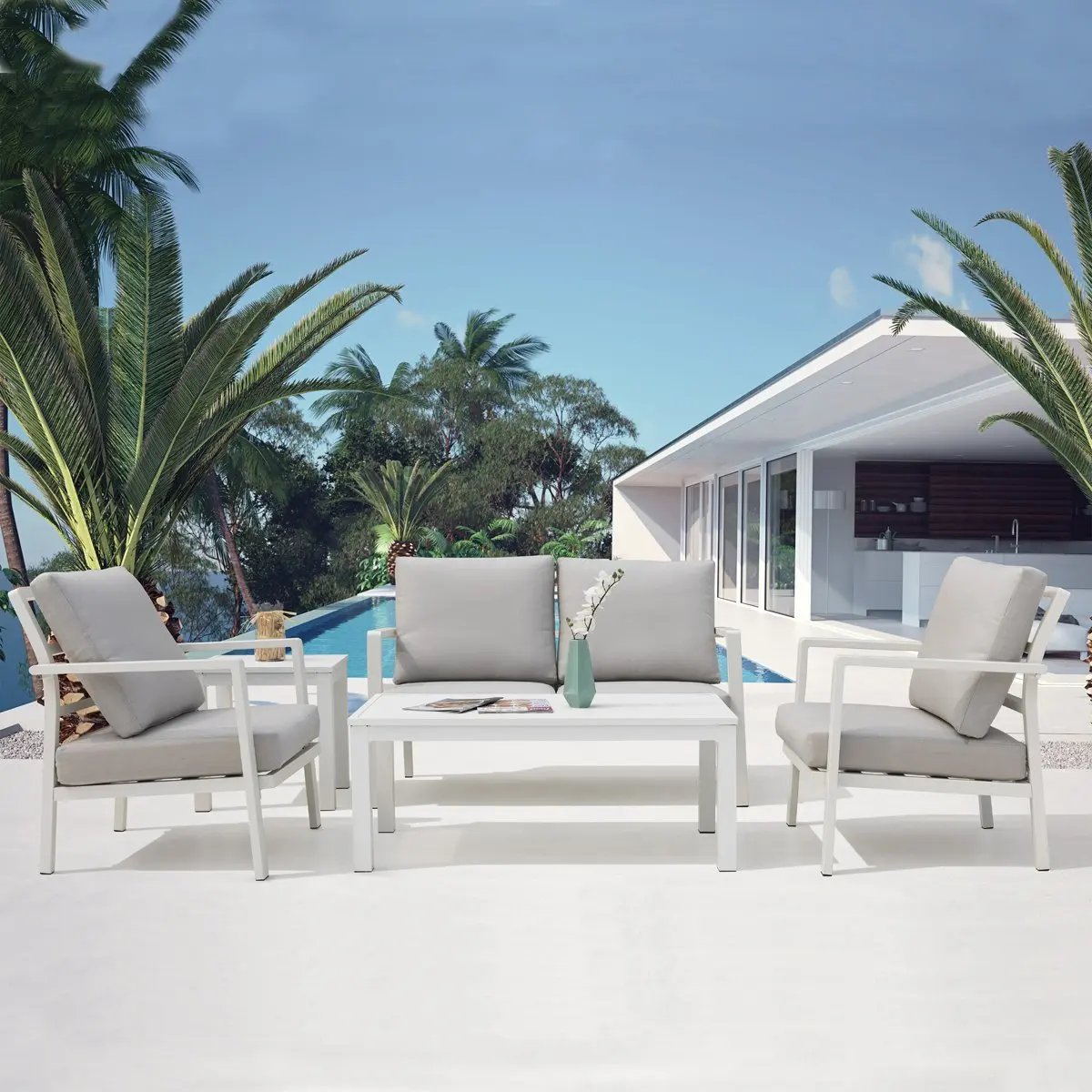 Dellonda DG52 Kyoto 4-Piece Aluminium Outdoor Garden Sofa Arm Chair Coffee Table Set Dellonda