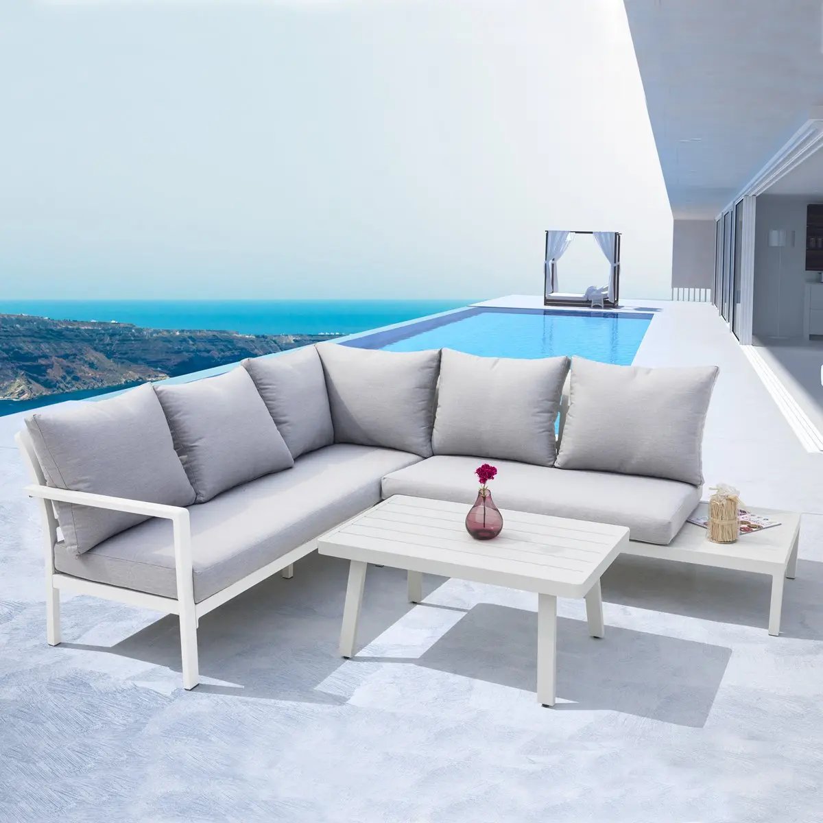 Dellonda DG53 Kyoto White 3-Piece Outdoor Garden Corner Sofa & Coffee Table Set Dellonda