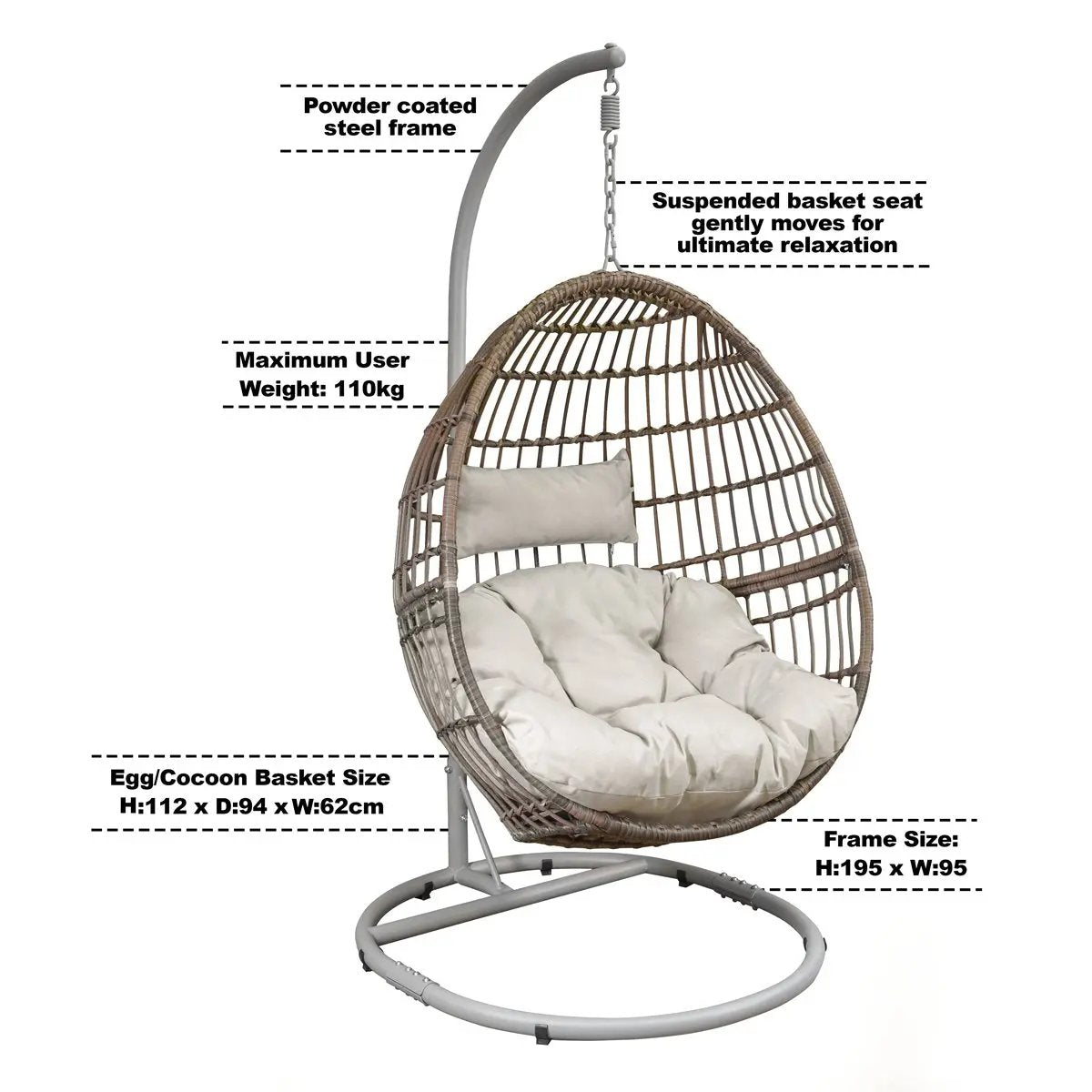 Dellonda DG60 Egg Hanging Swing Chair Wicker Rattan Basket Steel Frame Single Dellonda