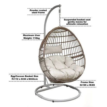 Dellonda DG60 Egg Hanging Swing Chair Wicker Rattan Basket Steel Frame Single Dellonda