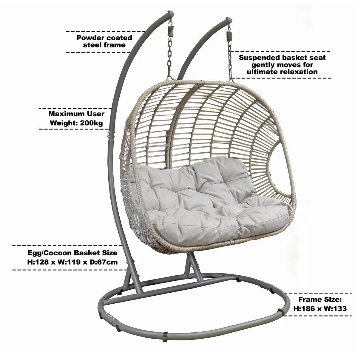 Dellonda DG61 Egg Hanging Swing Chair Wicker Rattan Basket Steel Frame Double Dellonda