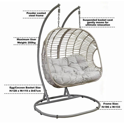 Dellonda DG61 Egg Hanging Swing Chair Wicker Rattan Basket Steel Frame Double Dellonda