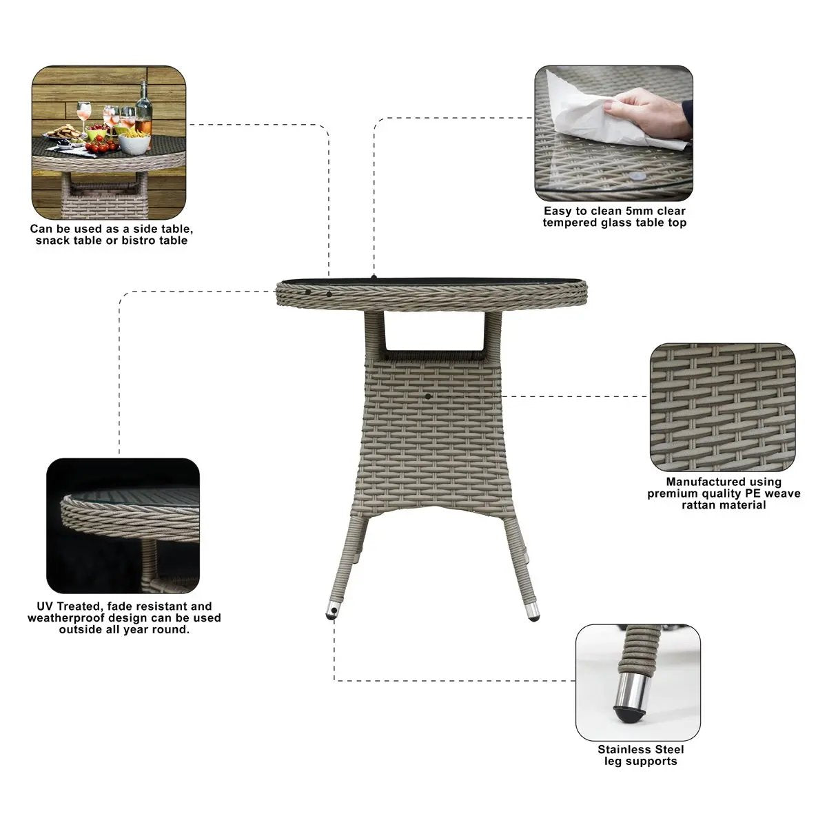 Dellonda DG65 Chester Rattan Wicker Outdoor Bistro Table with Tempered Glass Top Brown Dellonda