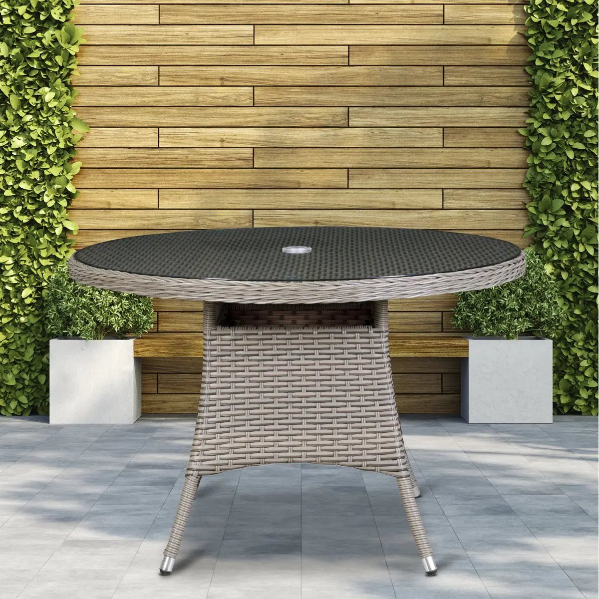 Dellonda DG66 Chester Rattan Wicker Outdoor Dining Table with Tempered Glass Top Brown Dellonda