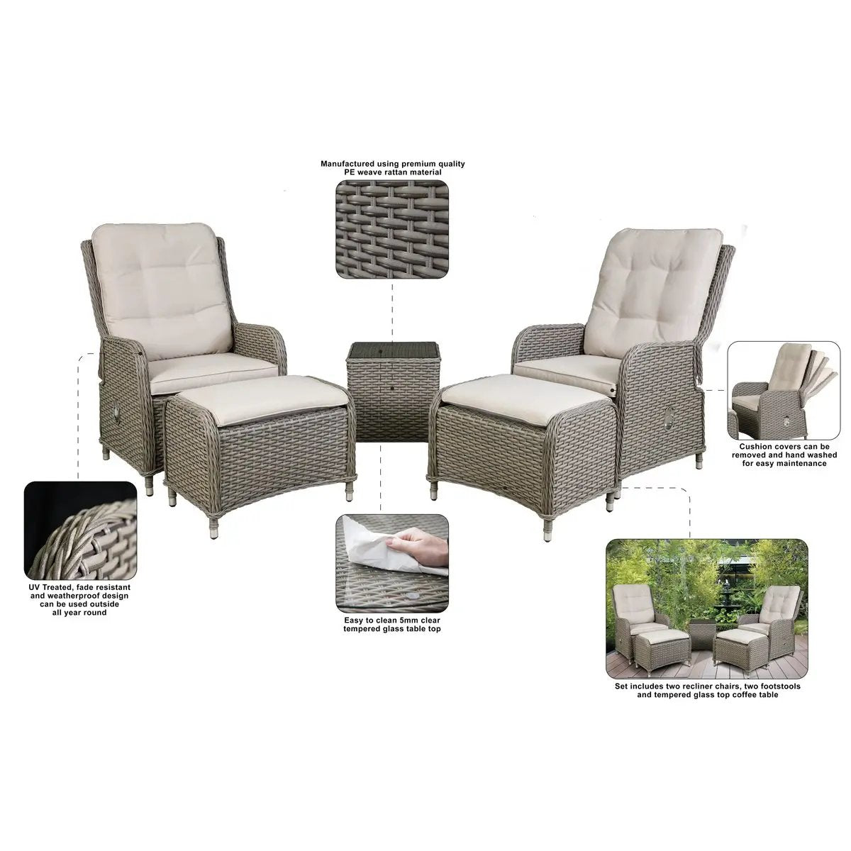 Dellonda DG68 Chester Rattan Wicker Outdoor Recliner Seat & Coffee Table Set Brown Dellonda