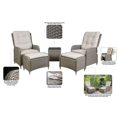 Dellonda DG68 Chester Rattan Wicker Outdoor Recliner Seat & Coffee Table Set Brown Dellonda