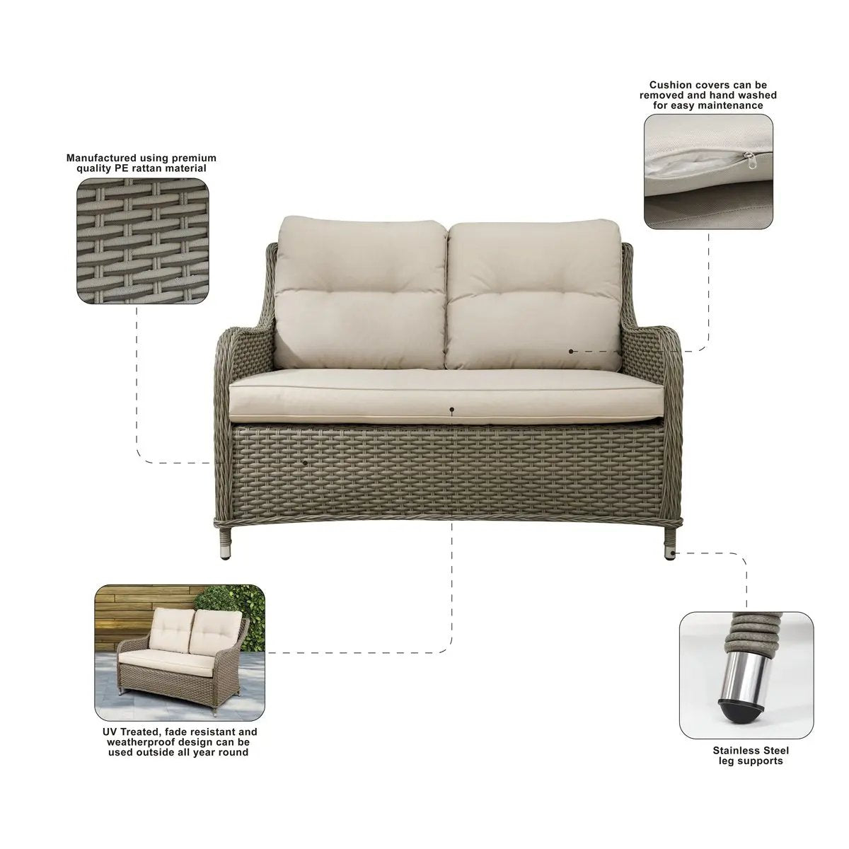 Dellonda DG70 Chester Rattan Wicker Outdoor Lounge 2-Seater Sofa with Cushion Brown Dellonda