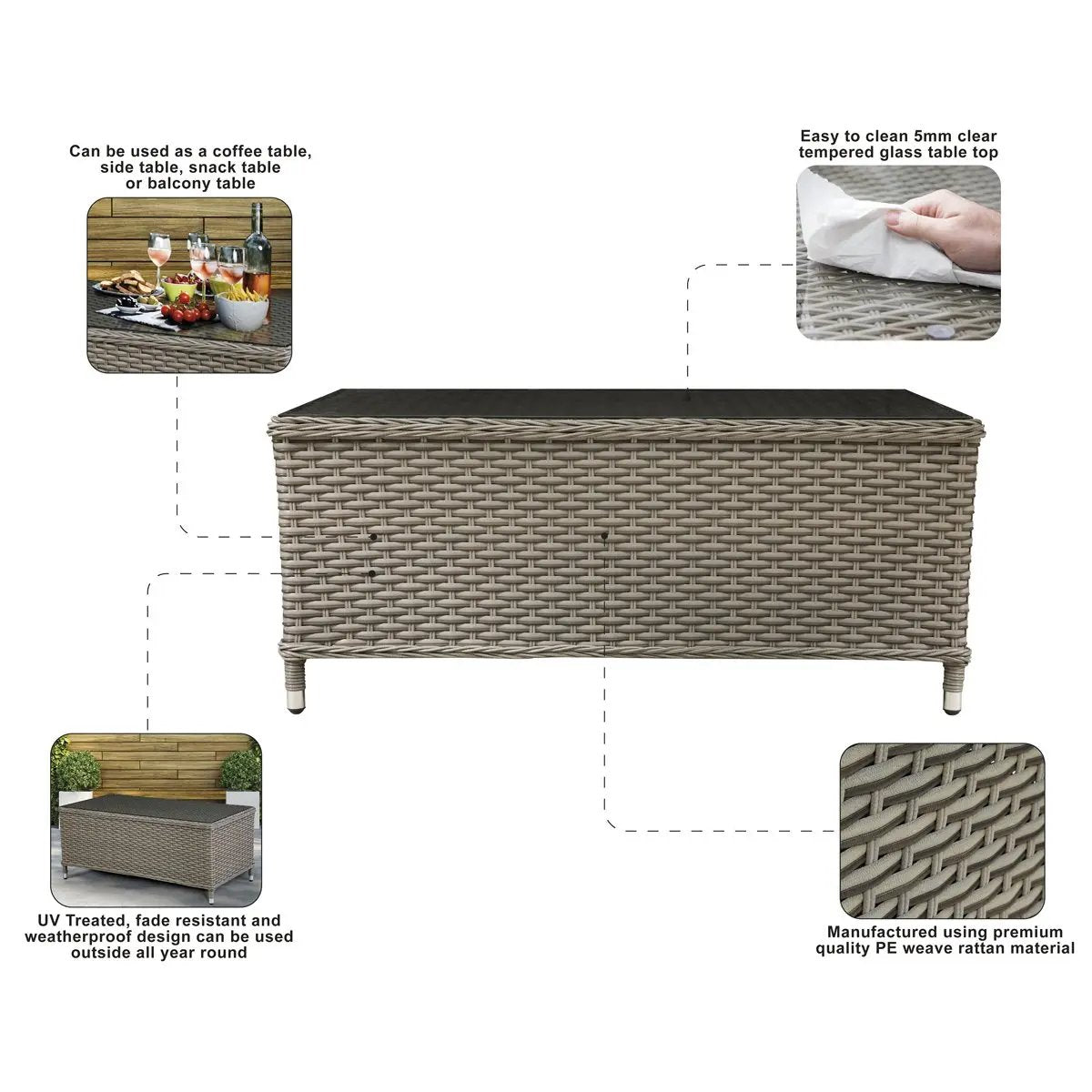 Dellonda DG71 Chester Rattan Wicker Outdoor Coffee Table with Tempered Glass Top Brown Dellonda