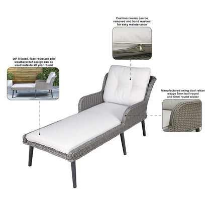 Dellonda DG74 Buxton Rattan Wicker Sun Lounger with Armrests Washable Cushions Grey Dellonda