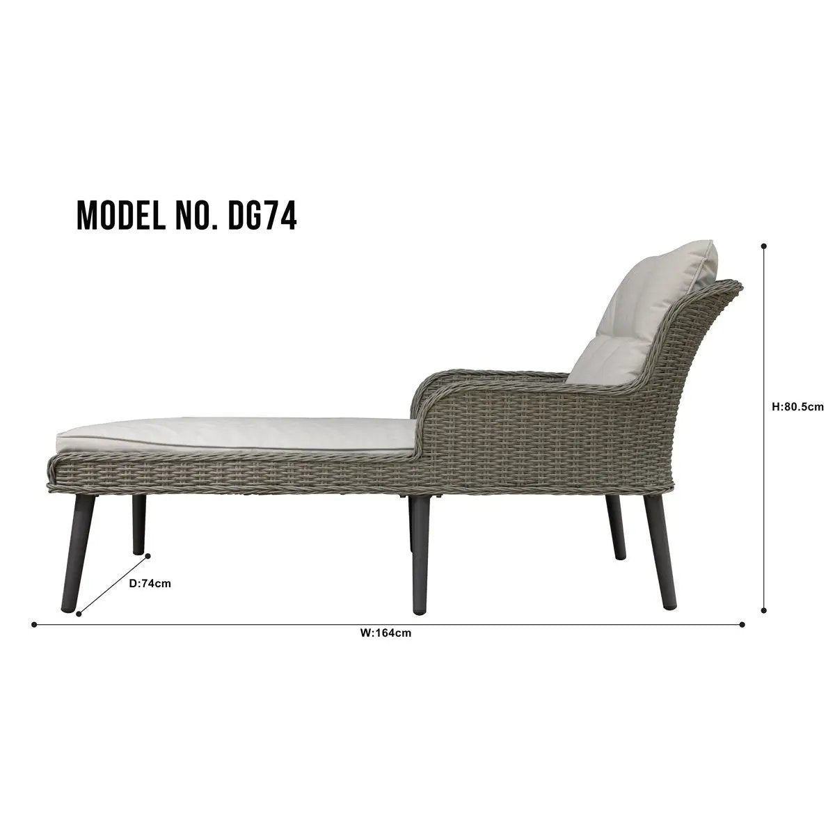 Dellonda DG74 Buxton Rattan Wicker Sun Lounger with Armrests Washable Cushions Grey Dellonda