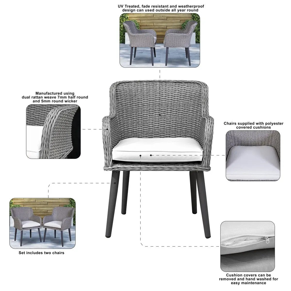 Dellonda DG76 Buxton Rattan Wicker Outdoor Dining Armchairs with Cushion Set of 2 Grey Dellonda