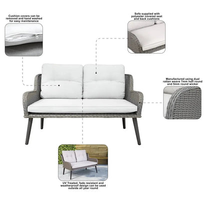 Dellonda DG80 Buxton Rattan Wicker Outdoor Lounge 2-Seater Sofa with Cushion Grey Dellonda