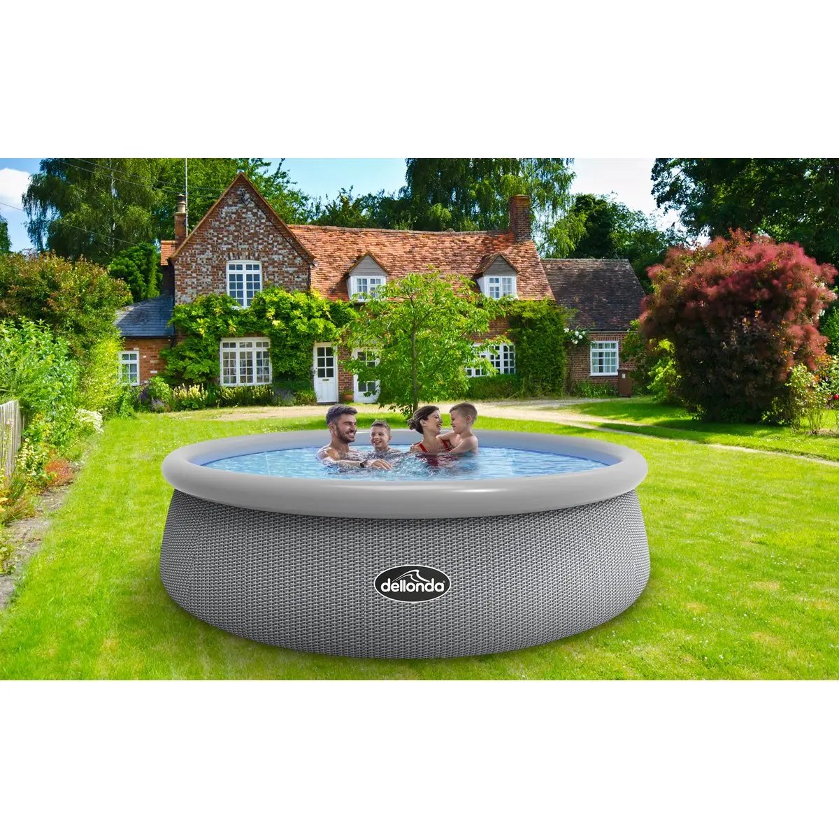 Dellonda DL18 15ft Round Garden Kids Paddling Swimming Pool & Pump Grey Rattan Dellonda