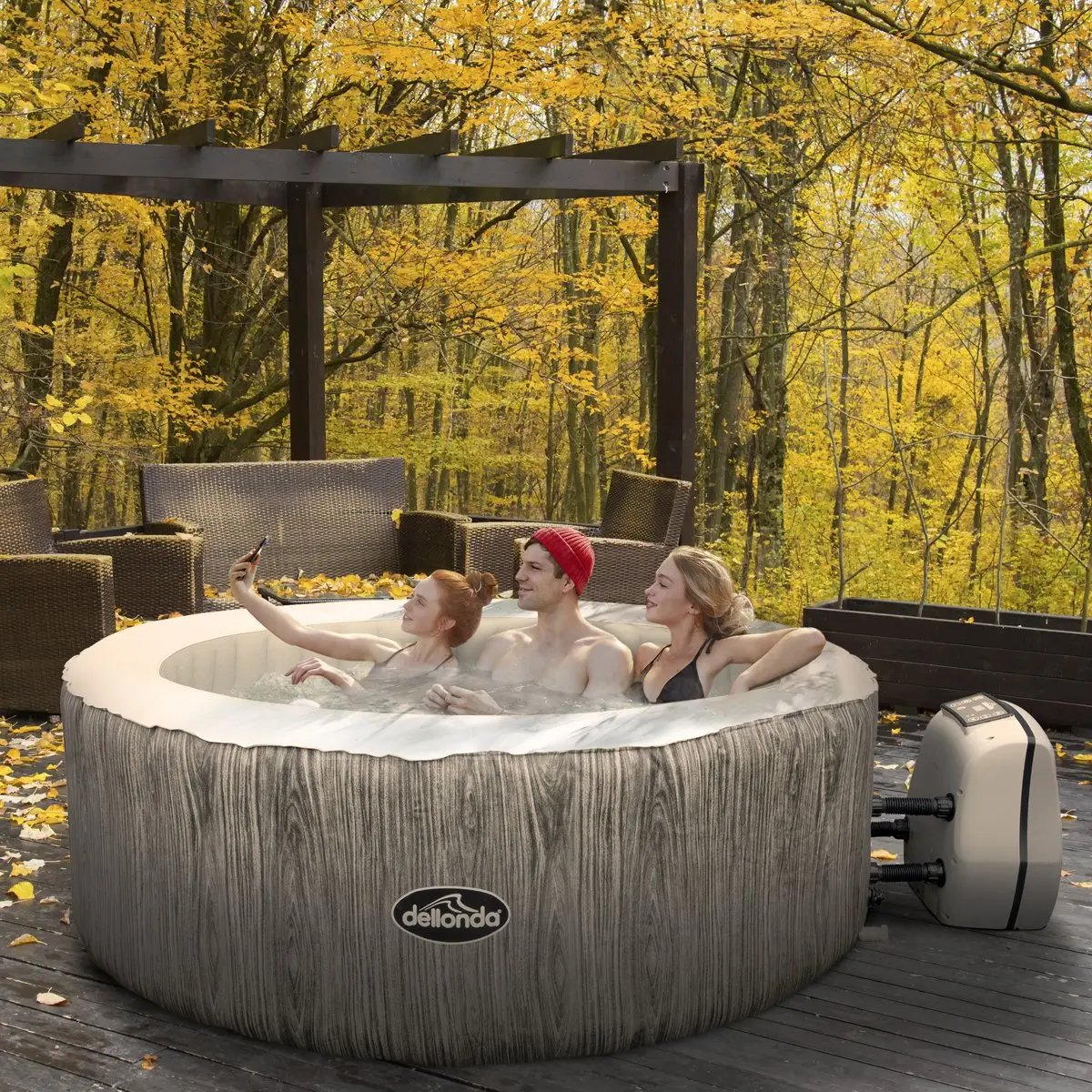Dellonda DL88 2-4 Person Inflatable Hot Tub Spa with Smart Pump - Wood Effect Dellonda