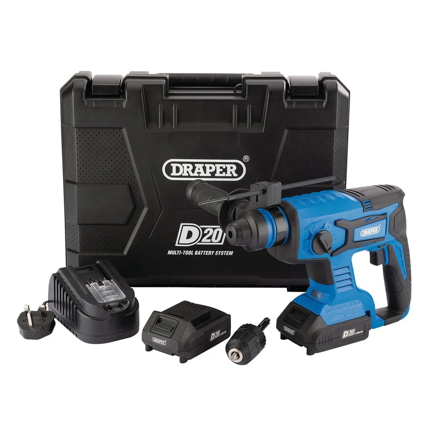 Draper 00592 D20 20V Brushless SDS+ Rotary Hammer Drill 2 x 2.0Ah Batteries 1 x Charger Draper