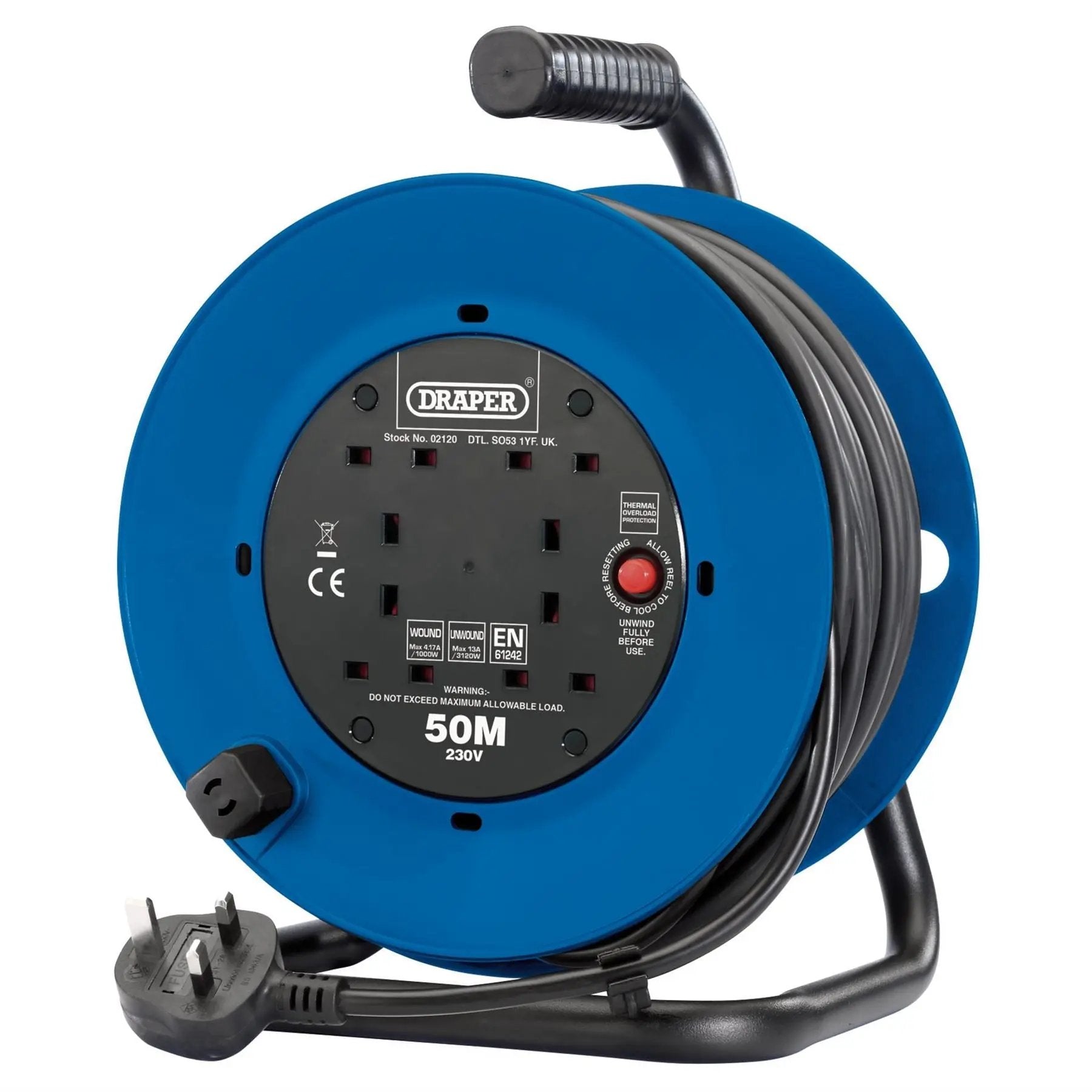 Draper 02120 230V Four Socket Industrial Cable Reel 50m Draper