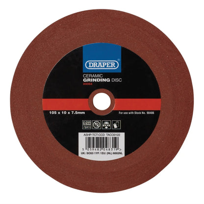 Draper 03353 Ceramic Grinding Disc 105 x 10 x 7.5mm Draper