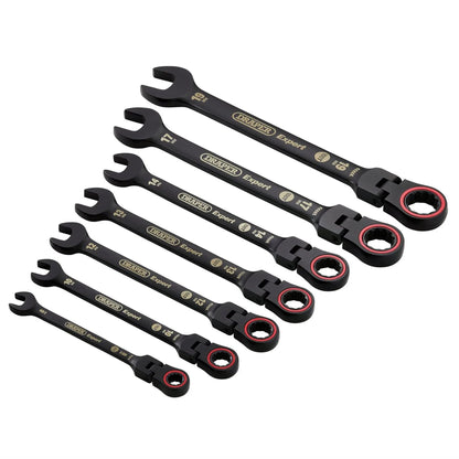 Draper 03927 Expert HI-TORQ® Metric Flexible Head Ratchet Combination Spanner Set Black 7 Piece Draper