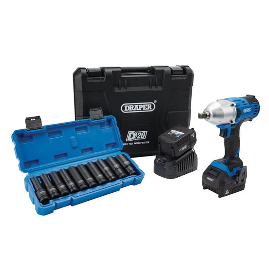 Draper 04791 D20 20V Brushless Mid-Torque Impact Wrench Kit 1/2" Sq. Dr 400Nm & Metric Deep Impact Socket Set 10 Piece Draper