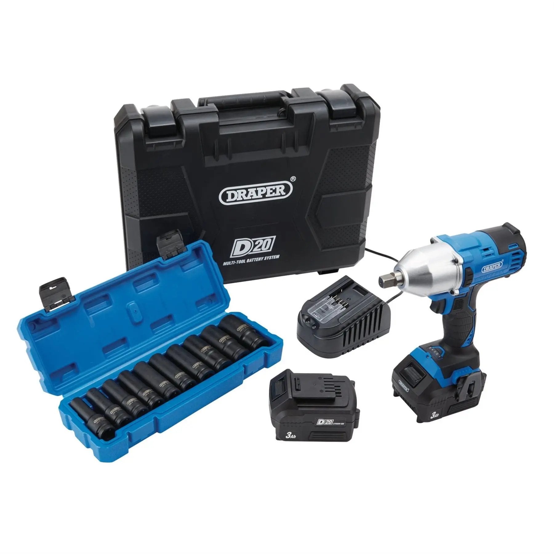 Draper 04791 D20 20V Brushless Mid-Torque Impact Wrench Kit 1/2" Sq. Dr 400Nm & Metric Deep Impact Socket Set 10 Piece Draper