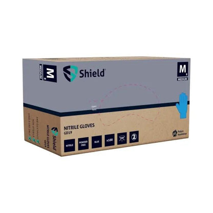 Shield GD19 Blue Nitrile Disposable Gloves – Powder Free, Latex Free (Box of 100) Shield