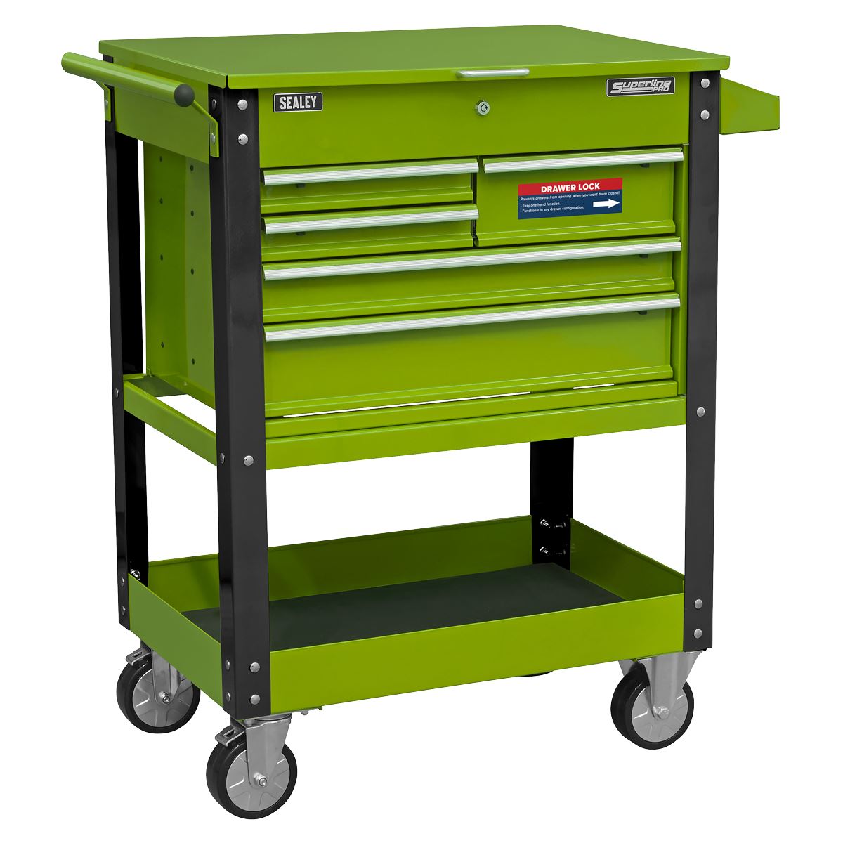 Sealey AP890MHV Heavy-Duty Mobile Tool & Parts Trolley with 5 Drawers and Lockable Top- Hi-Vis Green Sealey