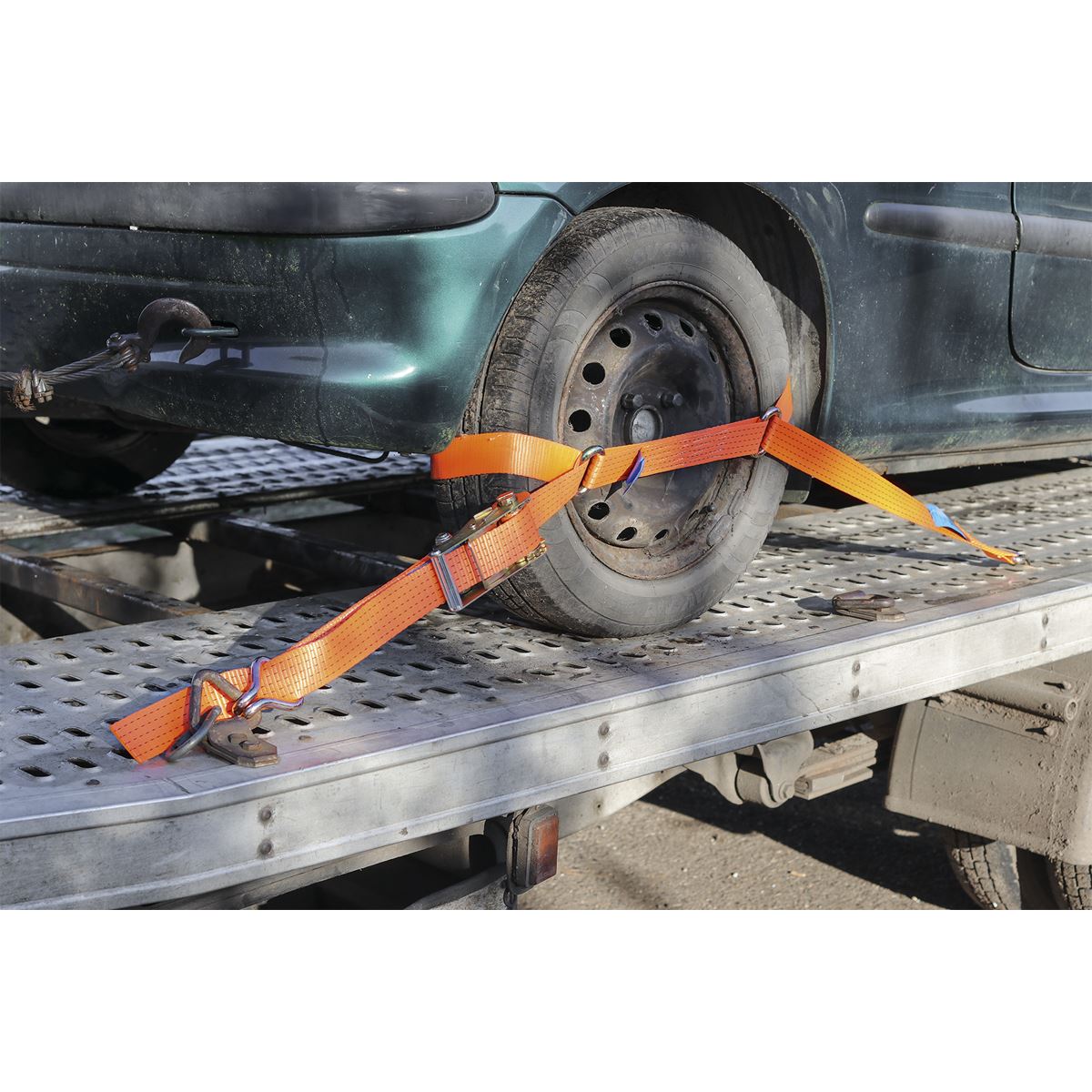 Sealey TDRWS Car Transporter Ratchet Strap 50mm x 3m Steel Wheel - Single 4500kg Breaking Strength Sealey
